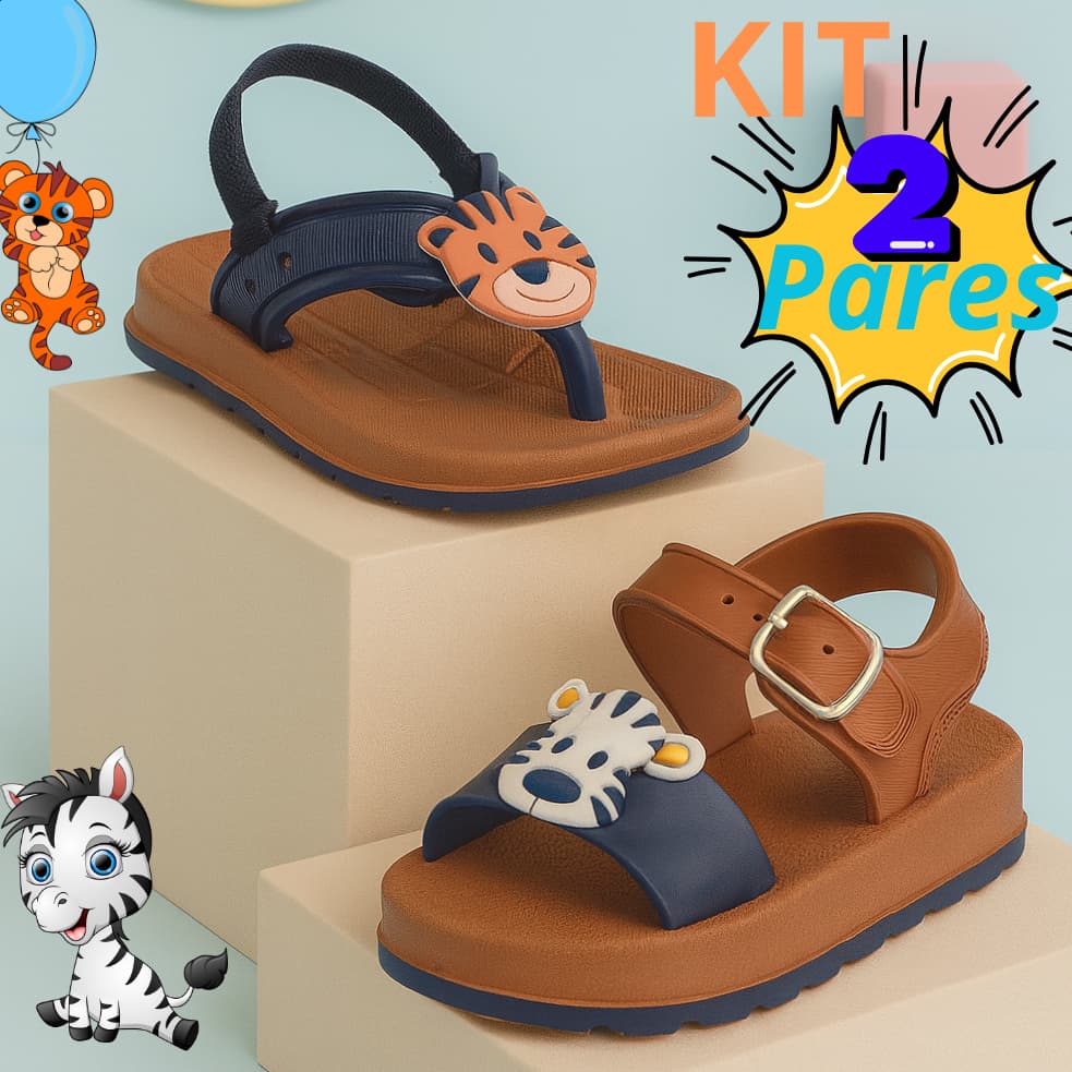 Kit 2 Pares sandália chinelo infantil masculino menino confortável antiderrapante macio safari