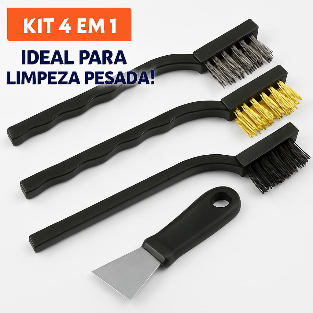 Kit 4 em 1 Limpeza Profunda – Escovas para Ferrugem + Espátula para Gordura Incrustada