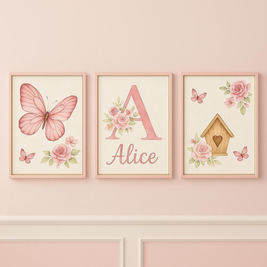 Quadro decorativo 3 peças Borboleta Rosa Flores Personalizado com nome decoraçao quarto infantil