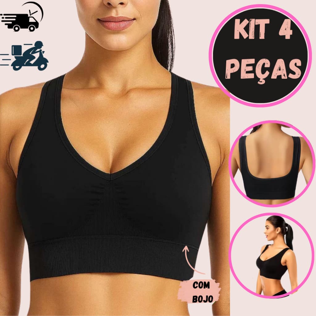 Kit 4 Sutiã Top Com Bojo Removível Sem Costuras Alças Largas