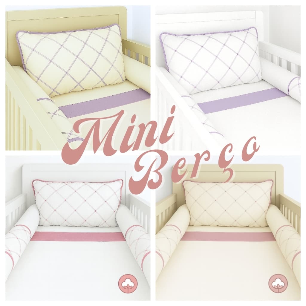 Mini Kit Berço LePetit Algodão 8 Peças Menina Menino Bordado Luxo C/ Lençol Elástico Véu Mosquiteiro