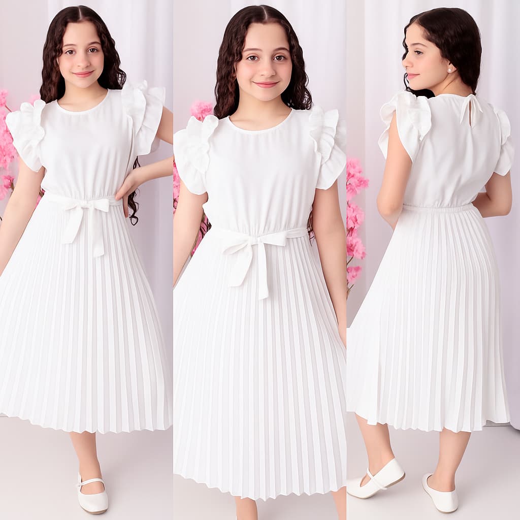 Vestido Infantil/Juvenil com Saia Plissada e Cinto Laço – Charme e Conforto para Festas e Ocasiões tecido crepiEspeciais