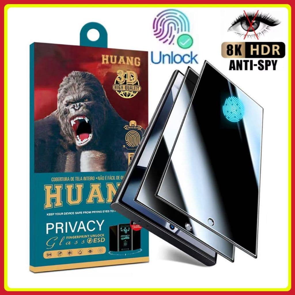 Película Privacidade 3D de Vidro Funciona Digital sem Furo Samsung S25 S25Plus S25Ultra S24 S23 S22 S22Plus
