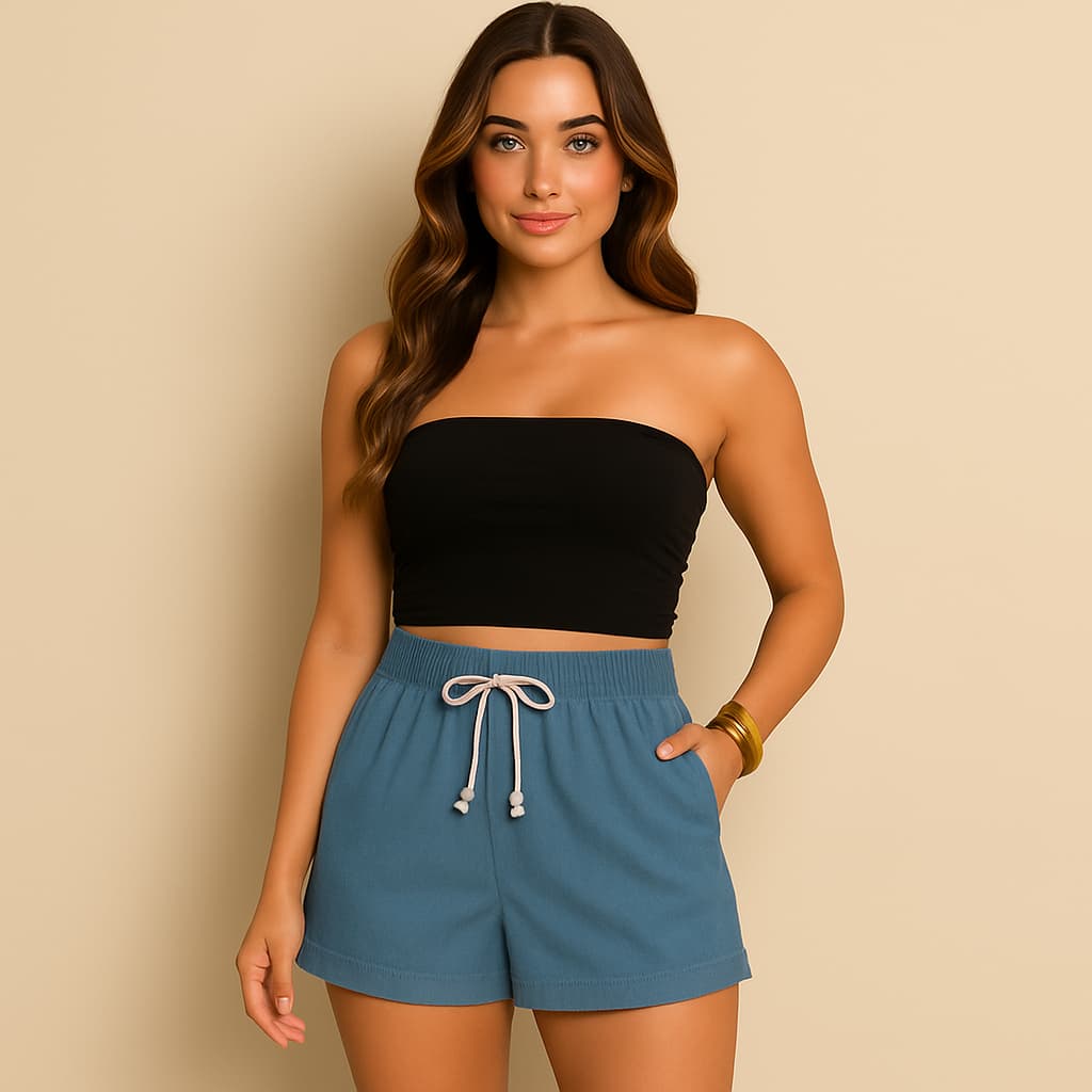 Short Linho feminino moda casual confortável com elástico