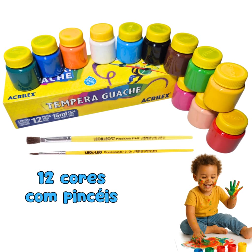 Tempera Guache Infantil 12 Cores Com Pincéis Acrilex
