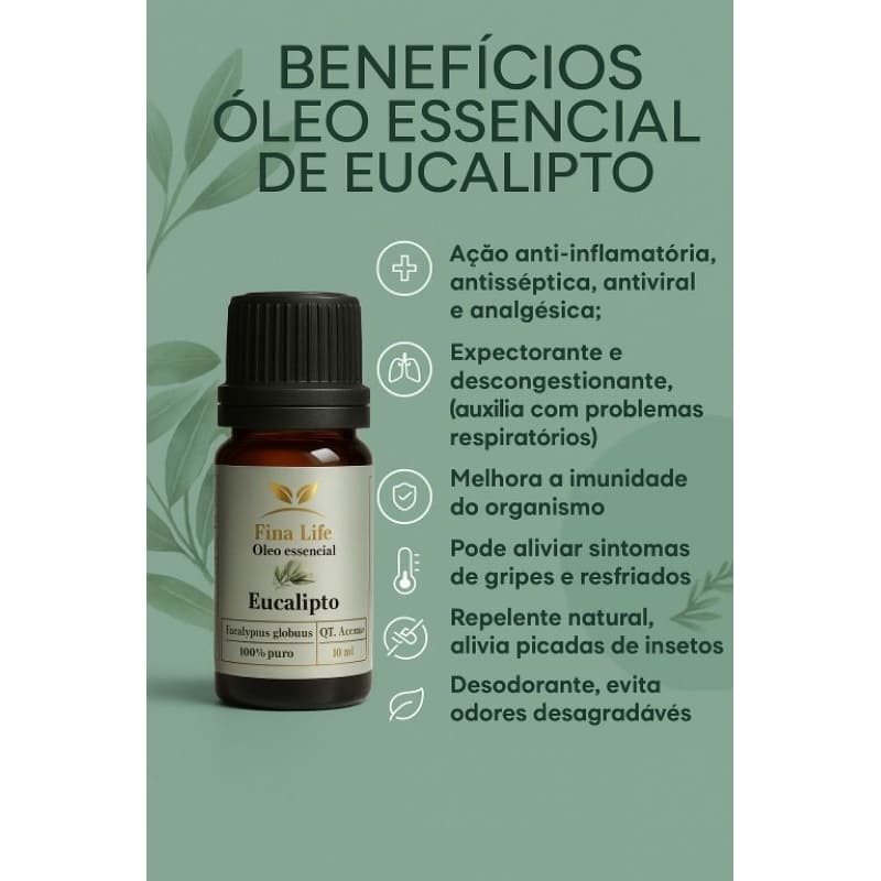 Óleo essencial eucalipto globulus 10ml 100% puro fina life EXPECTORANTE - DESCONGESTIONANTE
