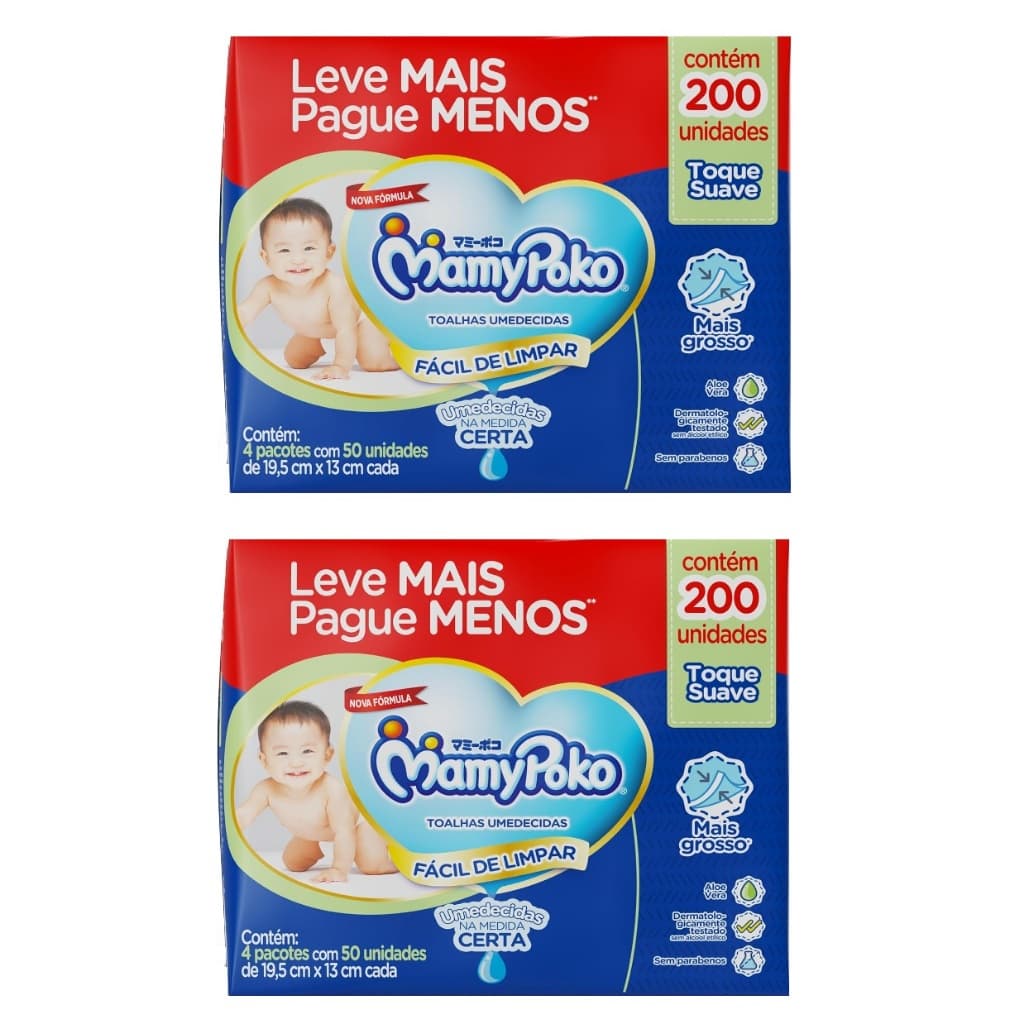 2Kit 200unToalhas Umedecidas Mamypoko Toque Suave 50un Cada - Total 400 unidades