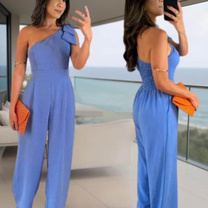 Macacão Feminino Elegante em Duna com Laço no Ombro e Lastex Perfeito para Festas