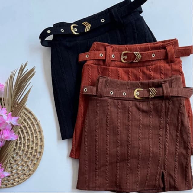 short saia feminino alfaiataria com cinto forrado cintura alta lançamento estiloso tendência inverno 2026 frio/verão