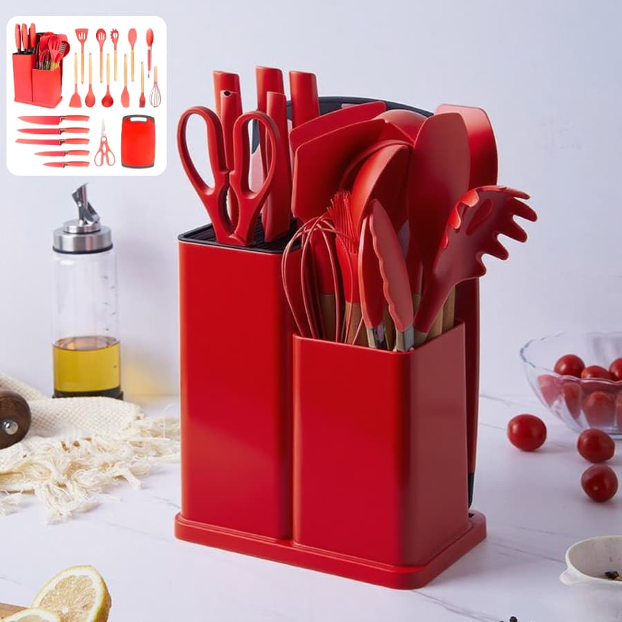 Kit Completo Jogo Utensílios de Cozinha De 19 Peças Com Tábua em Silicone Espátula Faca E Tesoura