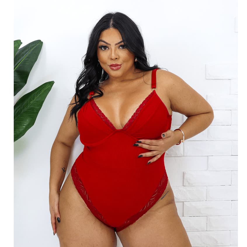 Body Plus Size Canelado Alça Reforçada Costas e Detalhes em Renda Com Aro Forrado Sensual e Sexy