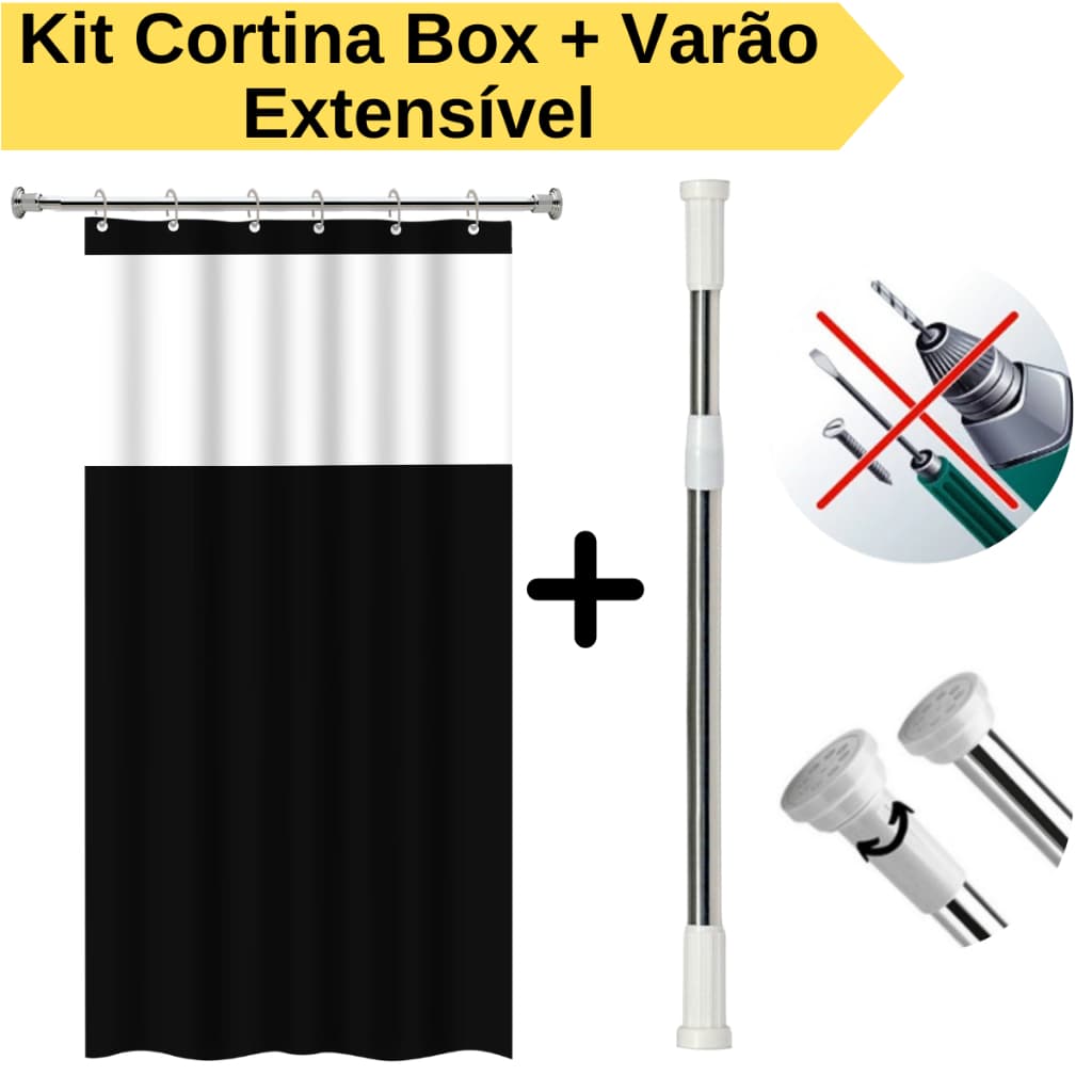 Kit Cortina Box Banheiro + Varão Suporte Extensivel Anti Mofo Com Ganchos Varias Cores