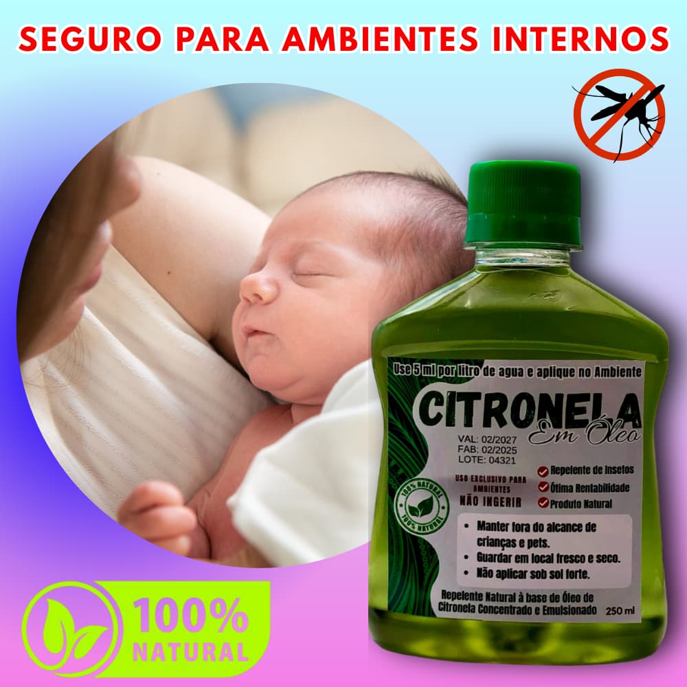 Óleo de Citronela 100% Natural para Bebês e Gravidas 250ml=50L Repelente Seguro para Quarto e Berço
