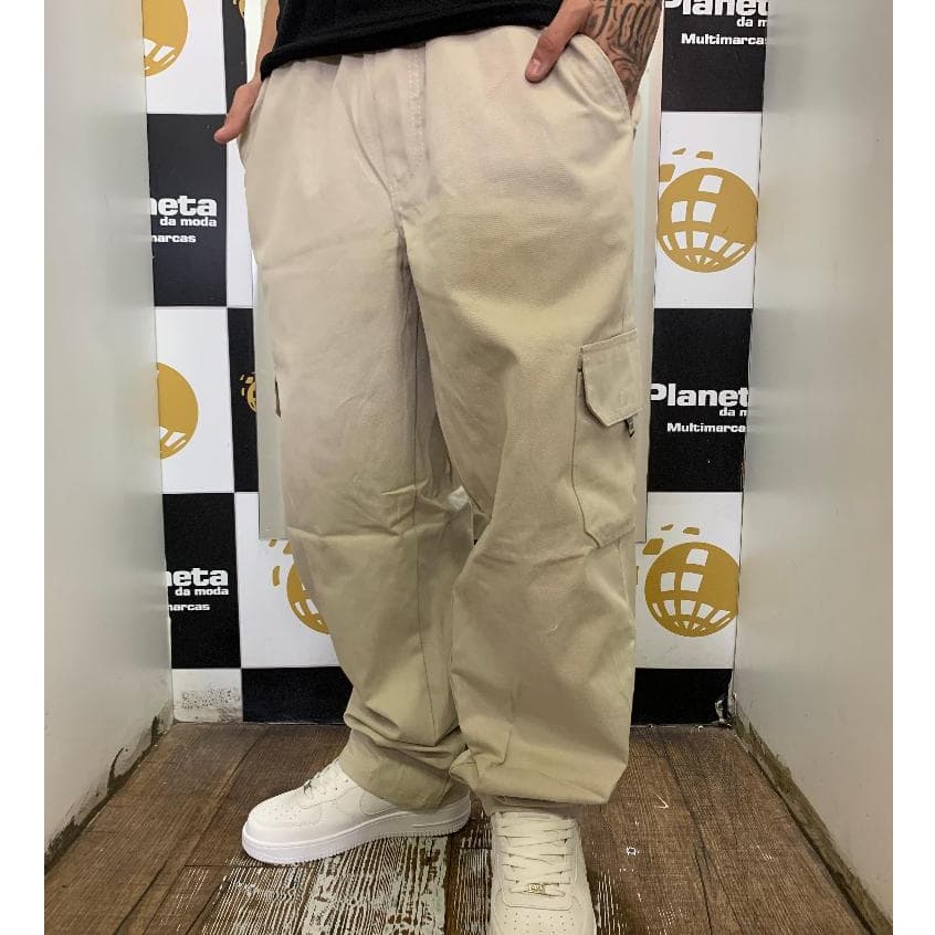 Calça Cargo Sarja Streetwear Masculina Dazzling Oversized Bege Preto Estilo Trap Mandrake