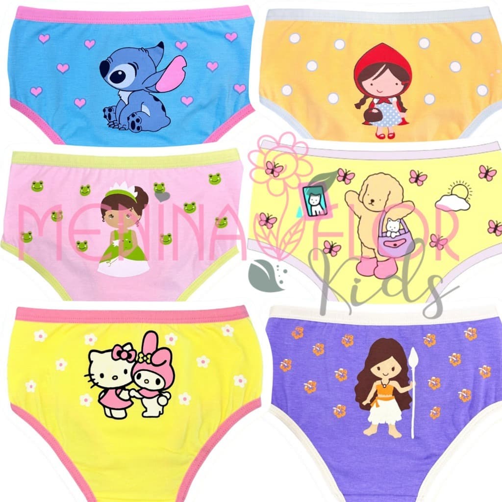 Kit com 5 PÇS Calcinha Infantil em Malha 100% Algodão, com Forro, cores Variadas