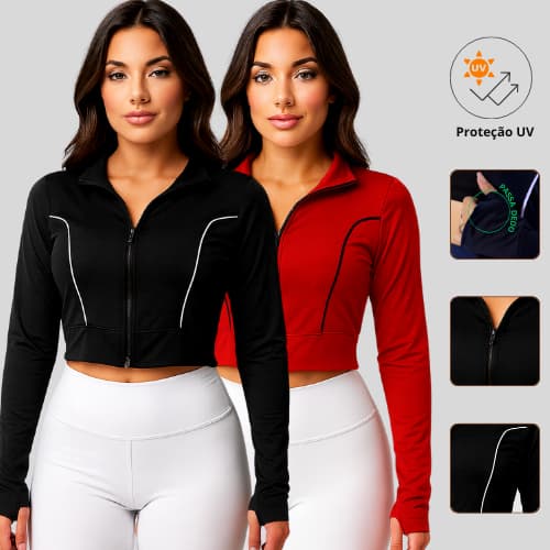 Kit 2 Jaqueta Cropped Feminina Casaco com Zíper Fitness Proteção Solar UV