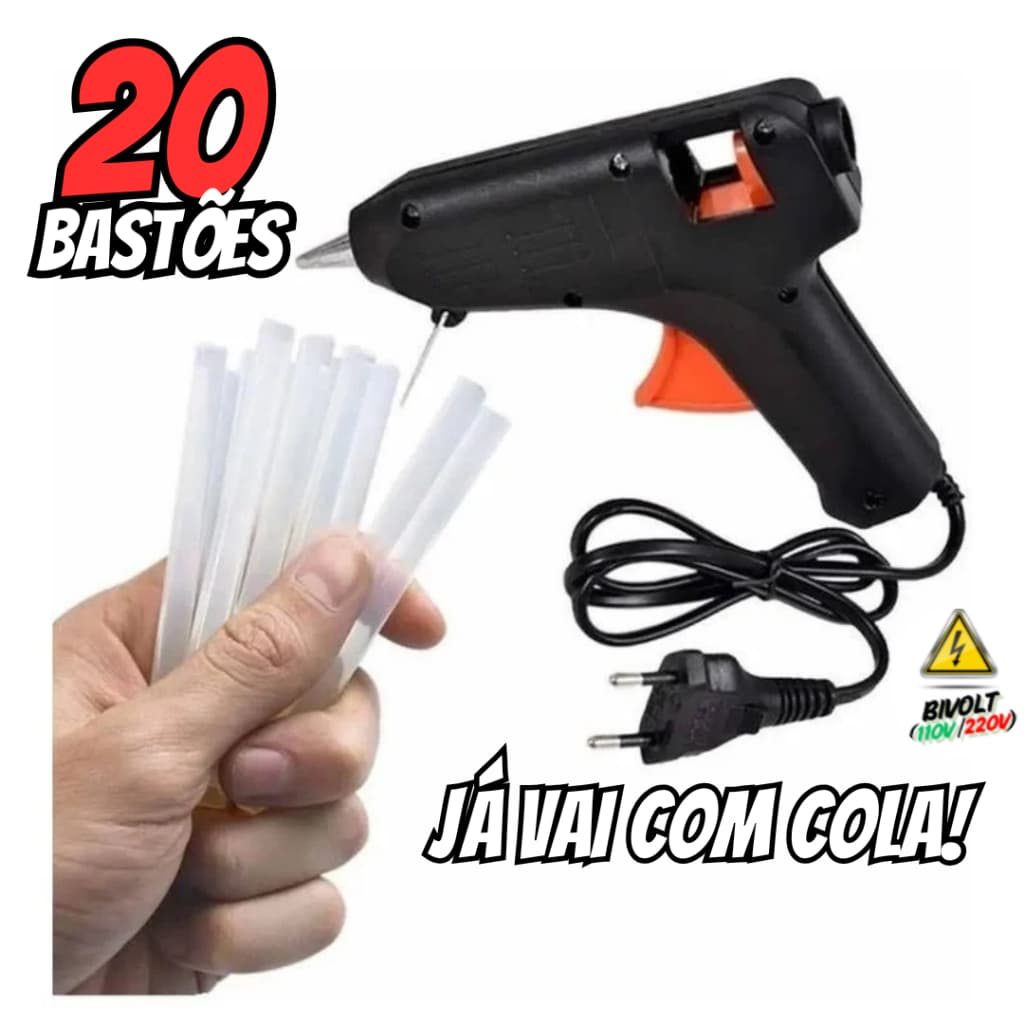 Pistola de Cola Quente Pequena 20W (Bivolt 110V/220V) – Bico de Ferro + 20 Bastões de Cola