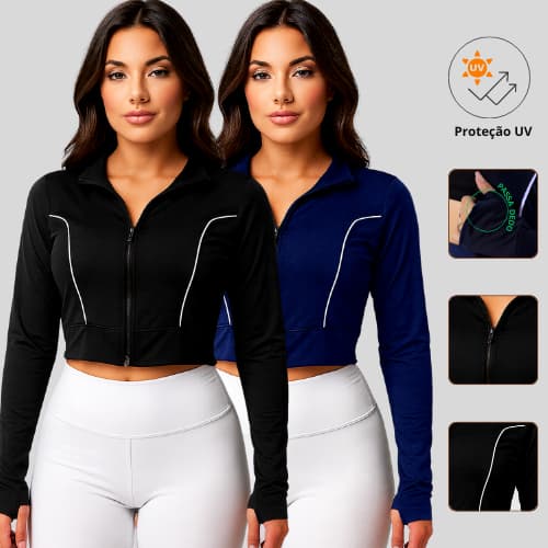 Kit Com 2 Casaco Cropped UV Feminino Com Zíper Moda Fitness Feminina