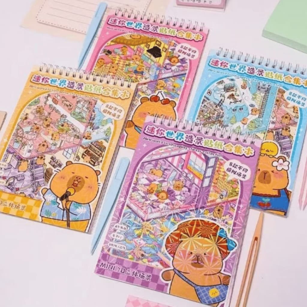 Caderno Adesivos Capivara 3d 6 Cenários 12 cartelas de adesivos + Pinça para Montar Seu Mini Mundo