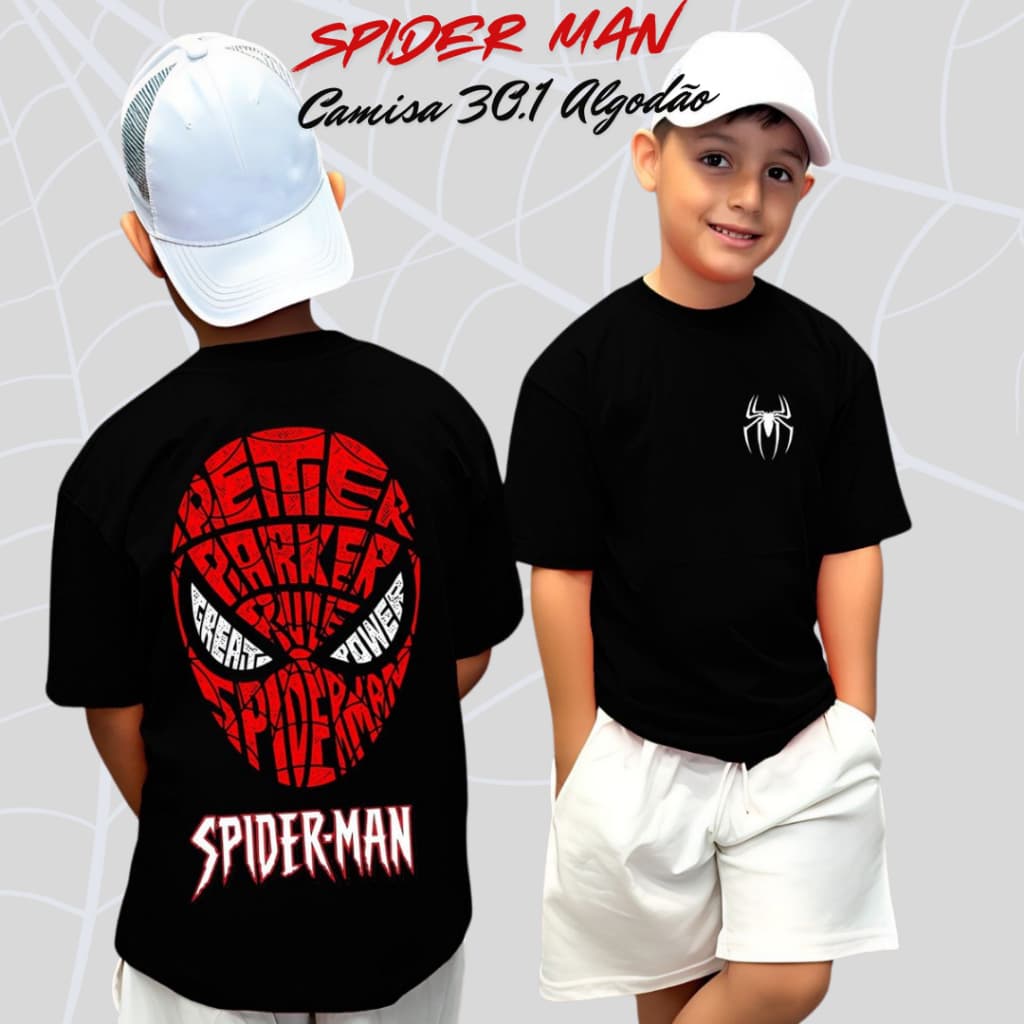 Camisa 30.1 TEIA01 Spider Man Homem Aranha Algodão Leve Fresca 2 ao 14 Meninos Estampada
