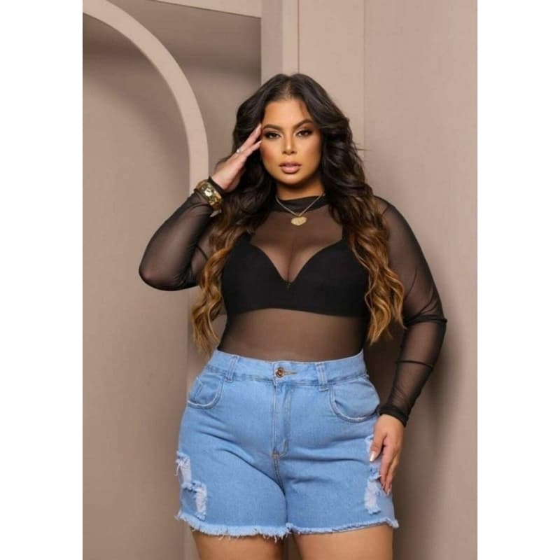 Body de Tule Liso Manga Longa Plus Size Bori Transparente