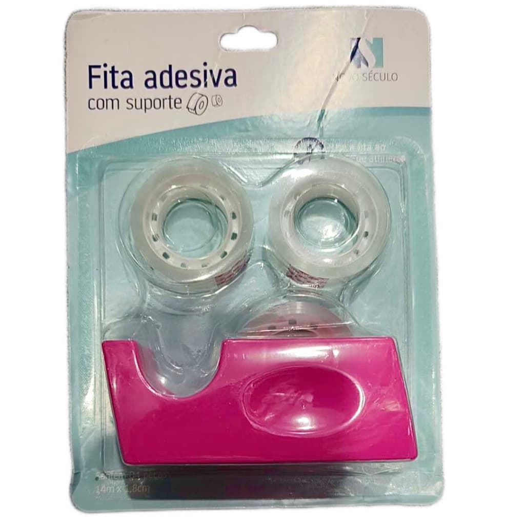 Kit De Fita Adesivo Com Suporte +3 Fitas Para Escolar Escritório Rosa/Azul