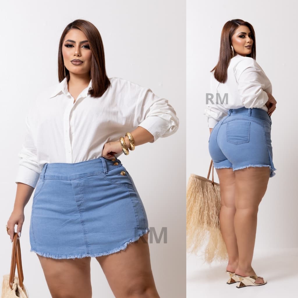 Short Saia Jeans Feminino Plus Size C/ Lycra cintura alta moda feminina