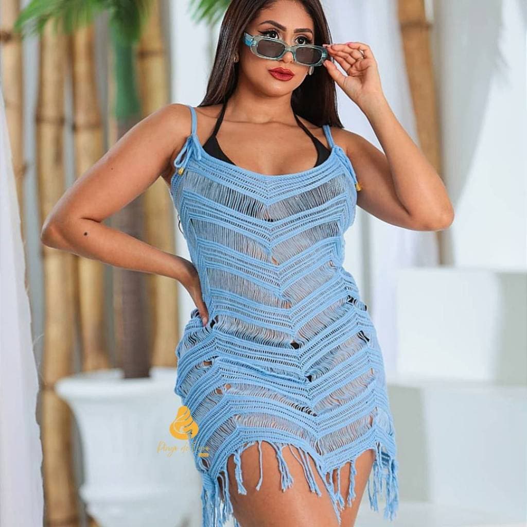 Saída de praia feminino tricô curta franja Vestido Alça ajustavel Verão Moda Feminina Saida de Banho
