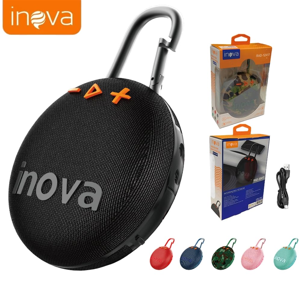 Inova Caixa de som Bluetooth portátil clip 5 com alça ao ar livre, FM, USB, TWS, 5W - para praia, festas ou viagens
