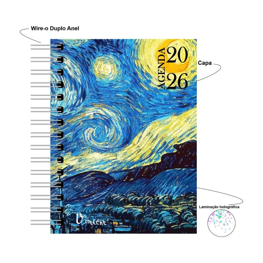 Agenda 2026 Capa Dura Holográfica Obras de arte Van Gogh - Monet - Vermeer - Botticelli