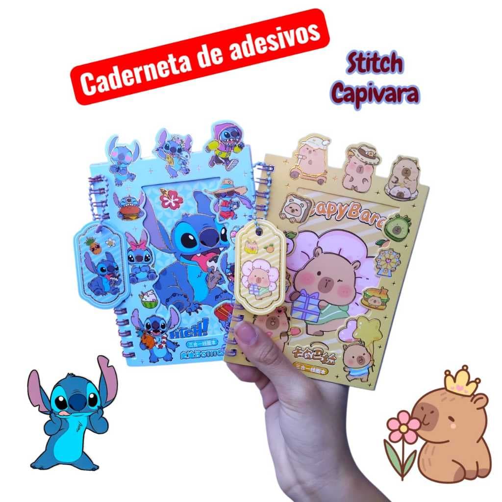 caderneta de adesivos stitch capivara / caderno de adesivos  stitch capivara papelaria fofa kawaii