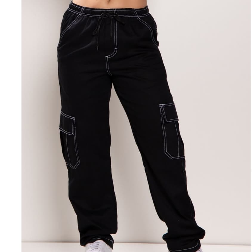 calça cargo  larga sarja masculina e feminina fechamento cordao moda
