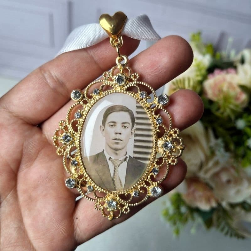 Relicário dupla face para Buquê de Noiva com Foto | Homenagem Especial para Casamento