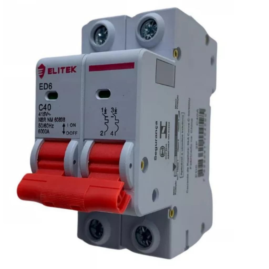 Disjuntor Bifásico Bipolar ELITEK Curva C 10A, 16A, 20A, 25A, 32A, 40A, 50A, 63A