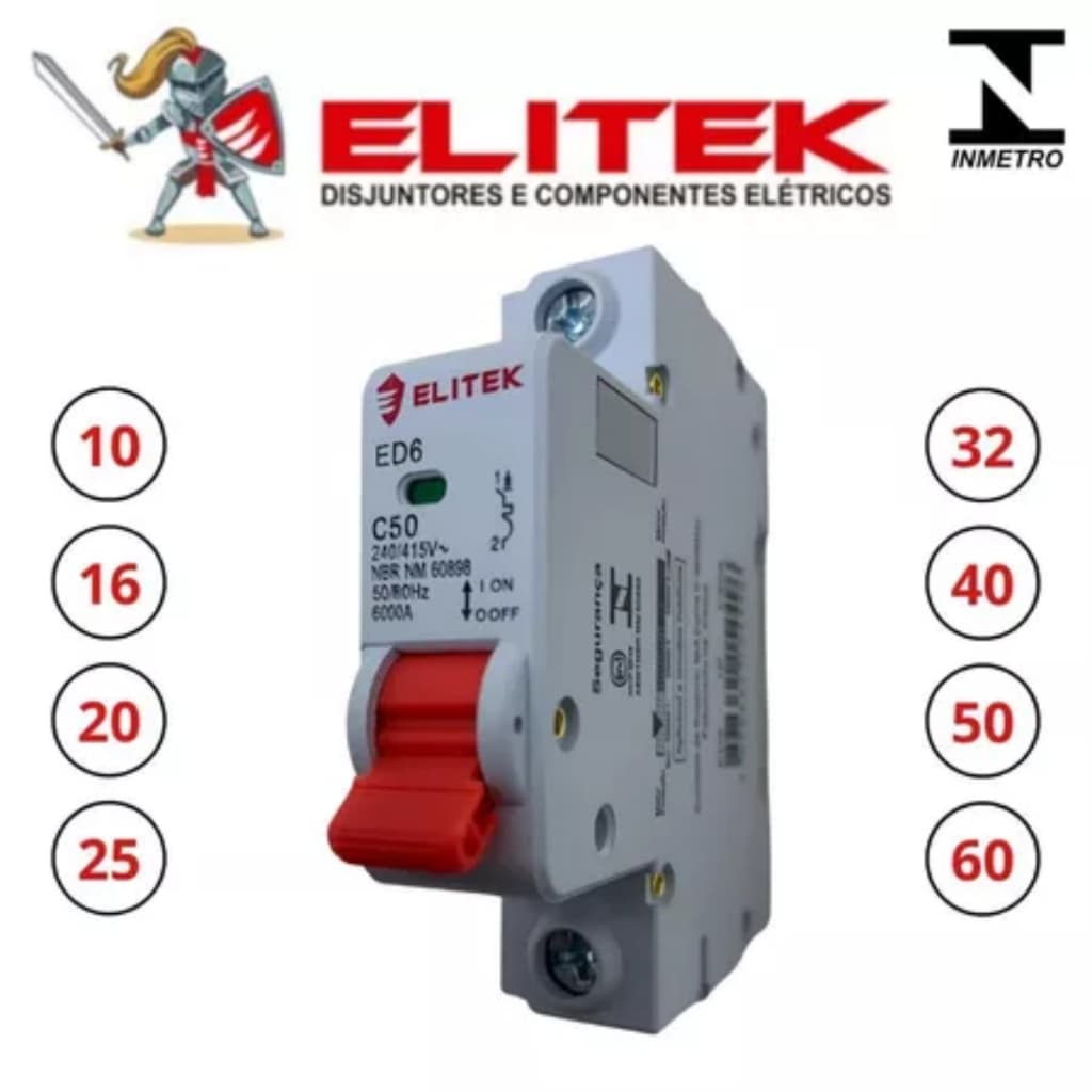 Disjuntor Monopolar Unipolar Elitek Curva C Inmetro 10,16,20,25,32,40,50,63 Amperes