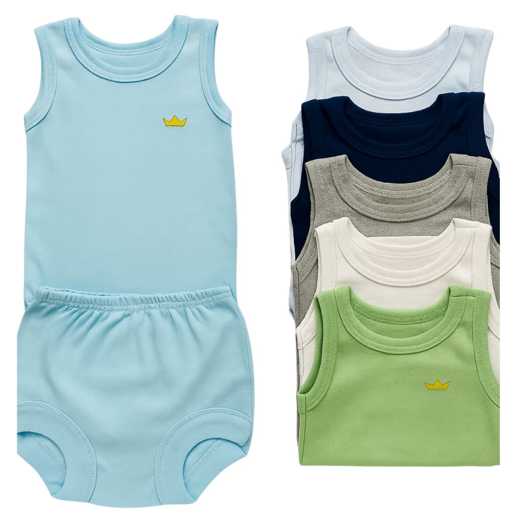 Kit 4 Peças Body Regata + Tapa Fralda Suedine 100% Algodão Bebê Menino P M G