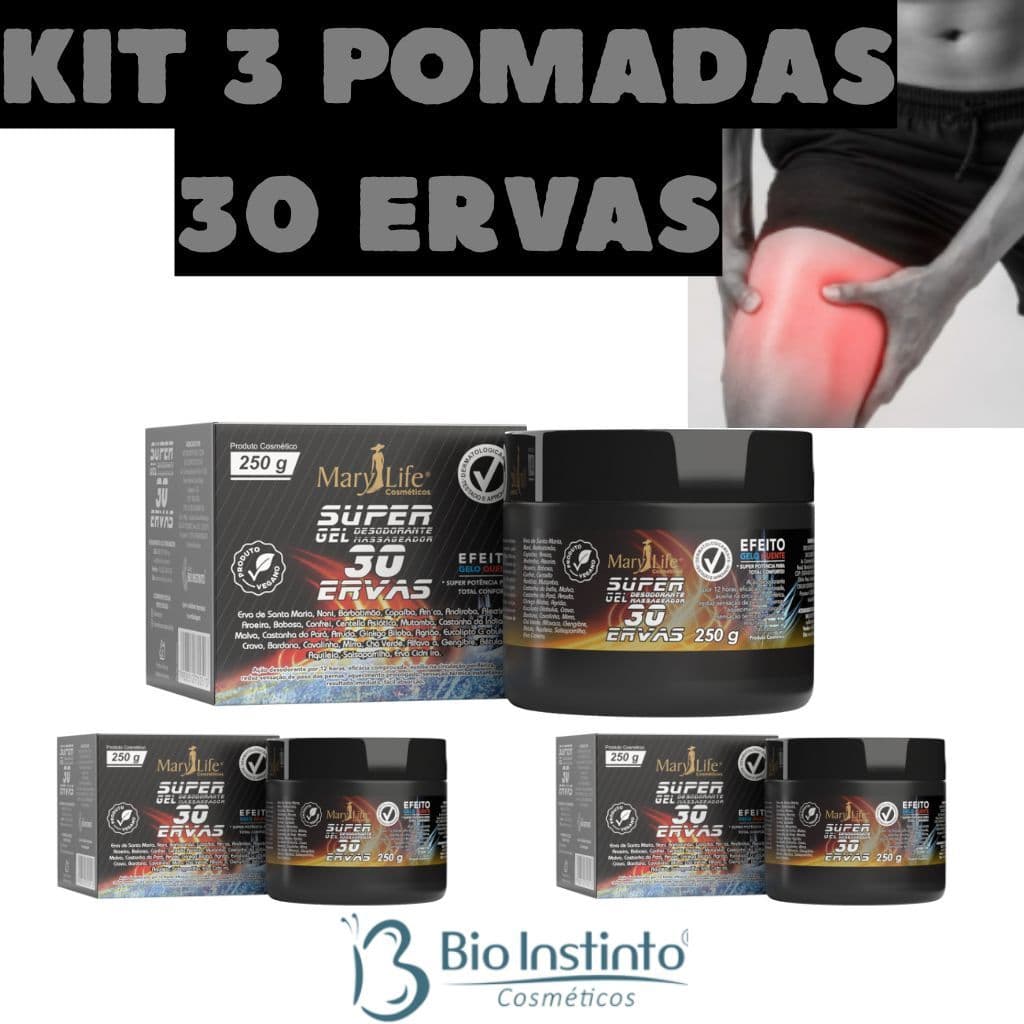 SUPER Kit  Super Gel 30 Ervas 250g Massagem Atleta Academia Relaxamento Mary Life Efeito Quente Frio