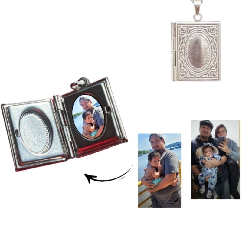 Pingente Relicário Livro em Aço Inox com 2 fotos Antialérgico