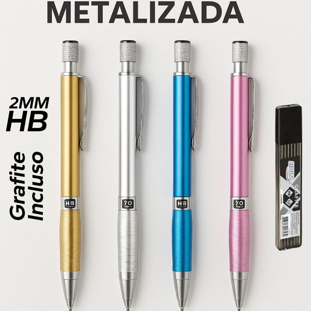 Lapiseira Técnica 2.0mm Metalizada + 1 Tubo de 6 Grafite Extra – Escolha Prata Dourada Azul Rosa BRW