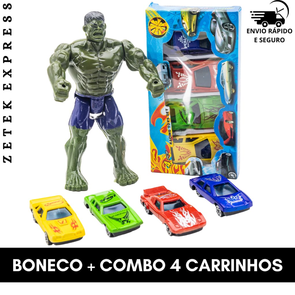 Kit com Boneco Articulado 16cm + 4 Carrinhos  Corridas e Aventuras para Crianças Presente Para Meninos