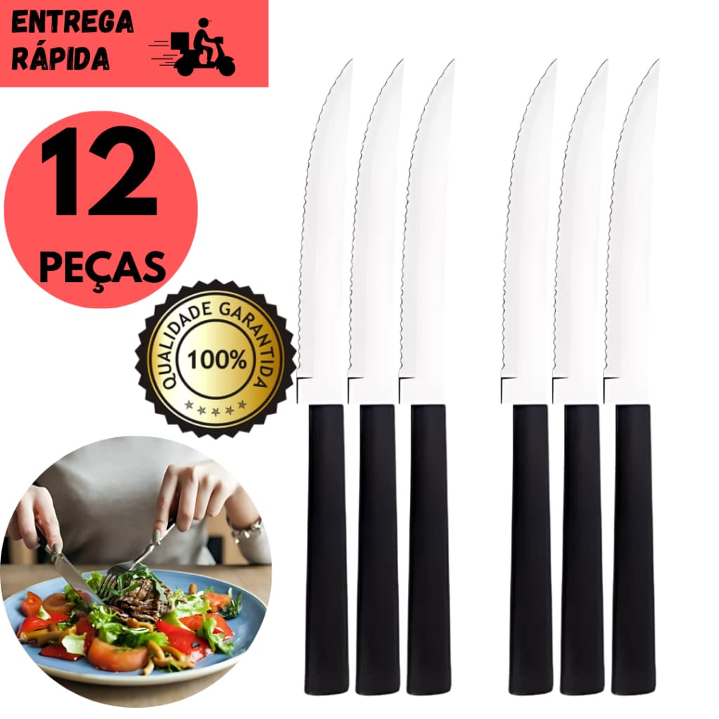 Kits 12 ou 6 Faca de Inox com Serrinha Cabo Preto  Ideal para Refeições Diárias, Durável