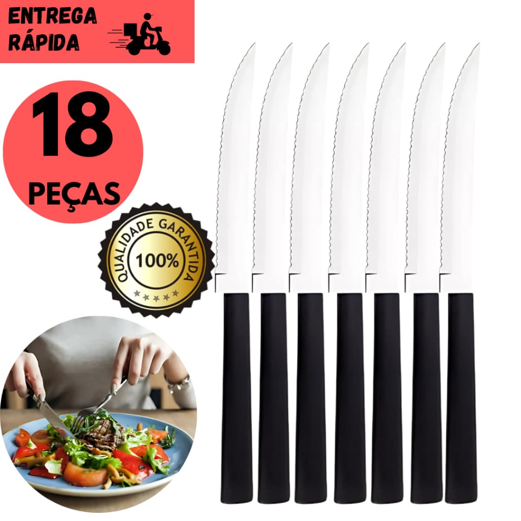 Kits 6 ou 18 Faca de Mesa de Inox com Cabo Preto Lâmina com Serrinha p/Cortes Perfeitos no Dia a Dia