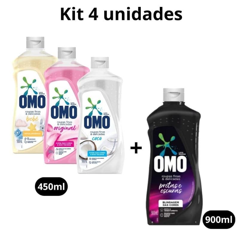 Kit 3 Lava Roupas Omo Roupas Delicadas, Original, Cocô, Bebê 450ml + 1 Lava Roupas Omo Delicadas Roupas Escuras 900ml