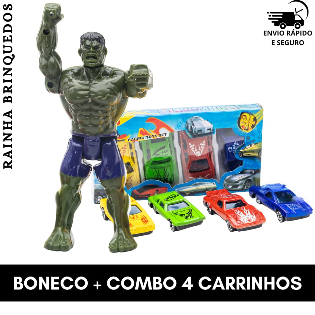 Kit Boneco 16cm + 4 Carrinhos Esportivos Brinquedo Infantil Completo Presente Para Crianças