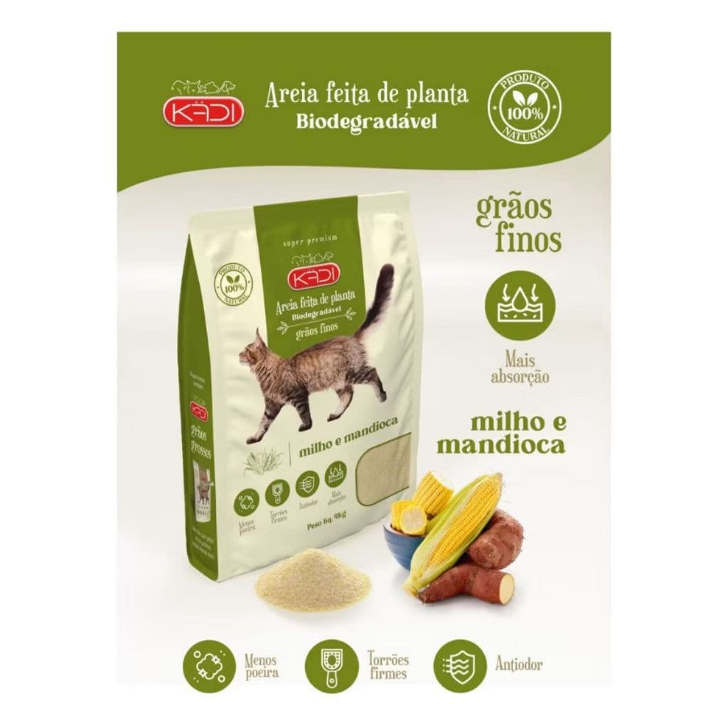 Areia para Gatos Kadi 4kg 100% Milho e Mandioca Biodegradável Grãos finos Livre de Poeira Alta Absorção Controle de Odo