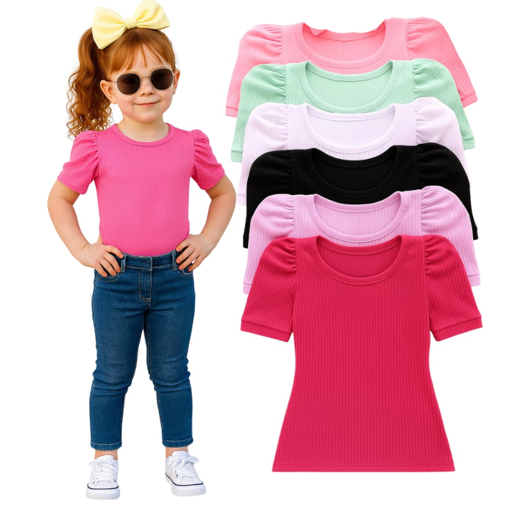 Kit 3 Blusinhas Infantis Femininas Manga Princesa Canelada Cores Variadas - Roupa Menina