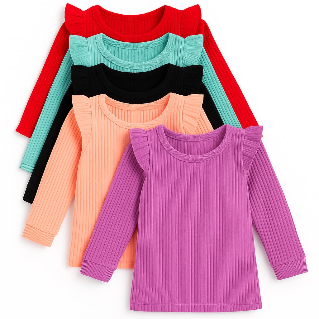 Kit 3 Blusinhas Infantis Femininas Manga Longa Babado no Ombro – Roupa Menina ENVIO CORES SORTIDAS