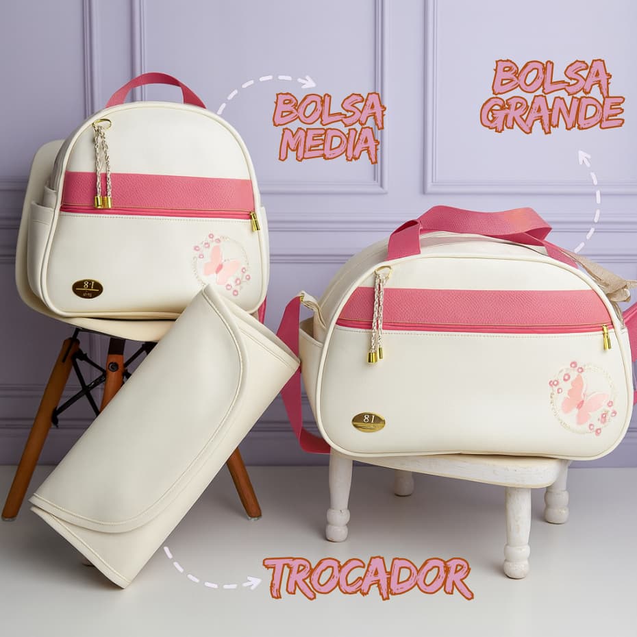 Kit Maternidade com Trocador de 3 Peças Bordado e Personalizado com Cavalo, Borboleta e Safari