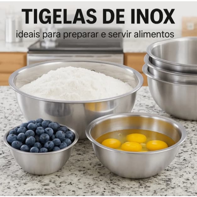 Bowl Inox Tigela Kit 03 Peças Profissional Fundo Grosso Bacia Saladeira Tigela  20cm, 22cm, 26cm