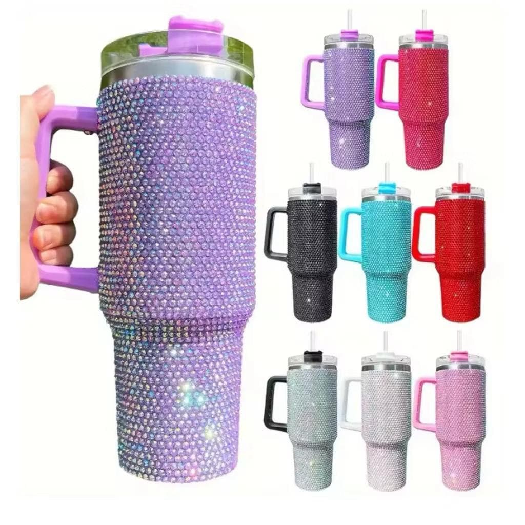 Novidade!  Térmico 1200ml Copo Com Strass Brilhante Com Alça Tampa E Canudo de  metal